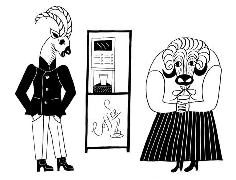 Illustration av två kollegor vid en kaffemaskin