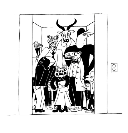 Illustration av personer i en hiss på kontoret.