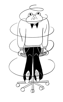 Illustration av en yr och stressad figur som sitter på en kontorsstol.