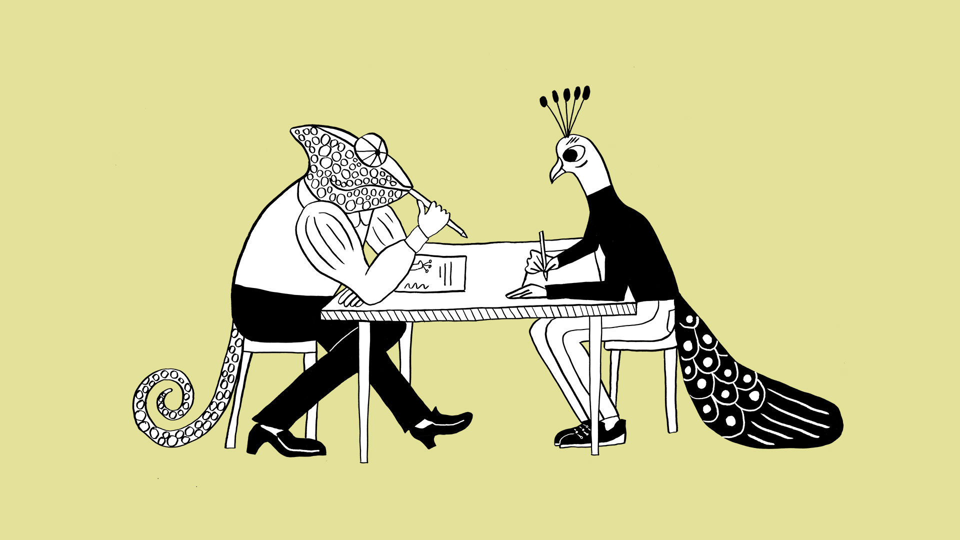Maja Sten Illustration med kameleont och påfågel vid ett bord