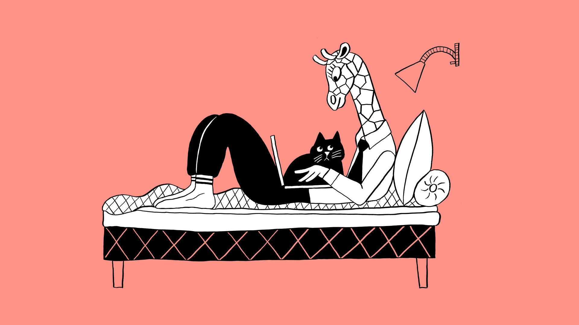 Maja Sten Illustration med giraff som sitter med dator och katt i säng
