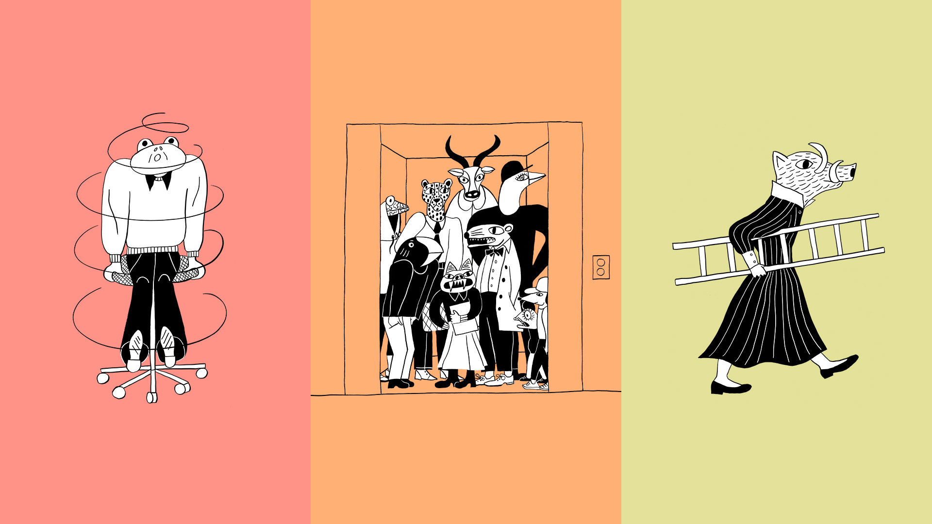 Maja Sten. Montage av tre illustrationer med olika djur