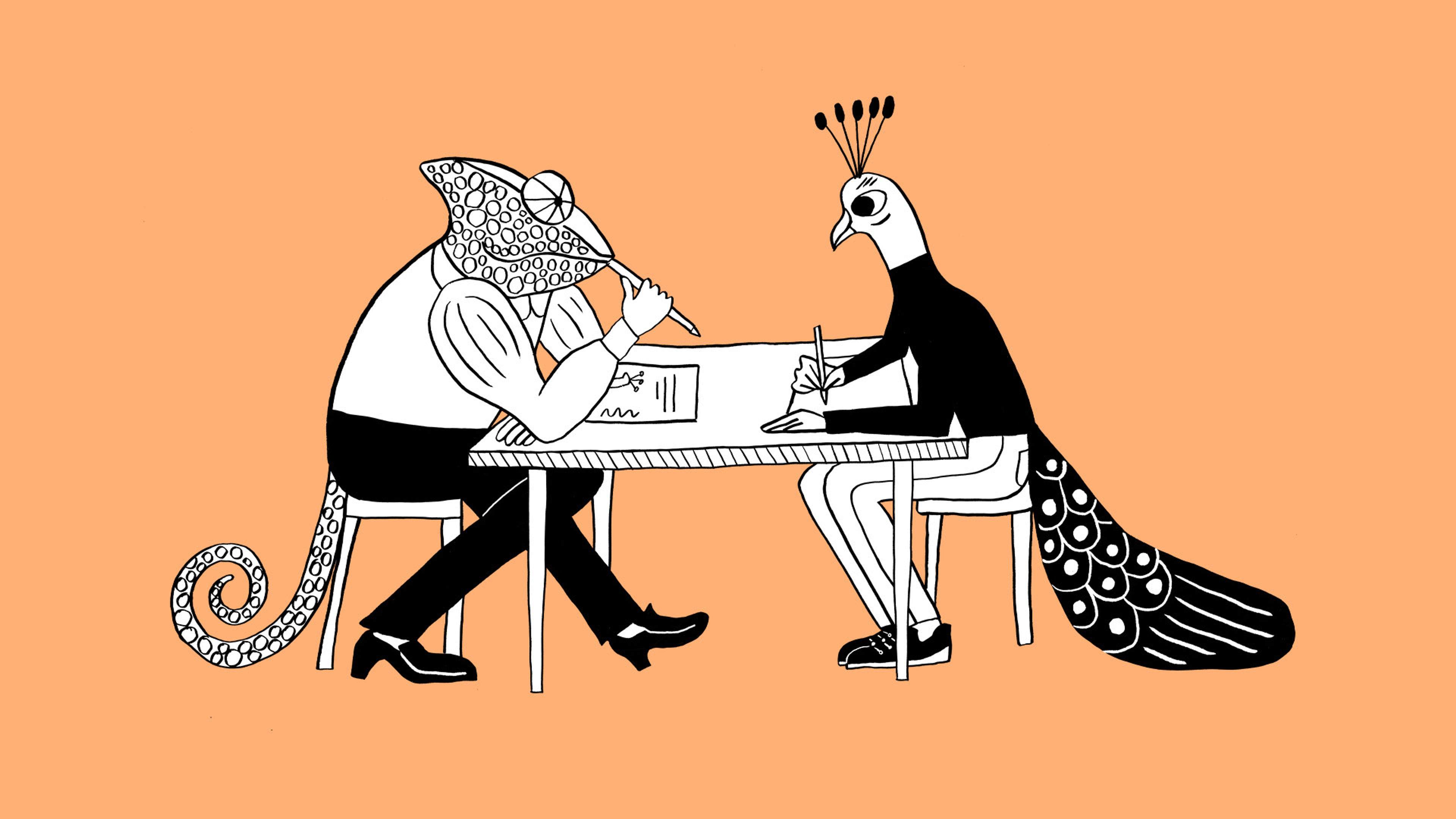 En illustration av två fabeldjur som sitter på varsin sida av ett skrivbord